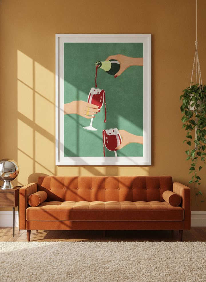 Oversized statement modern wall art print styled on the wall in a retro 70s living room