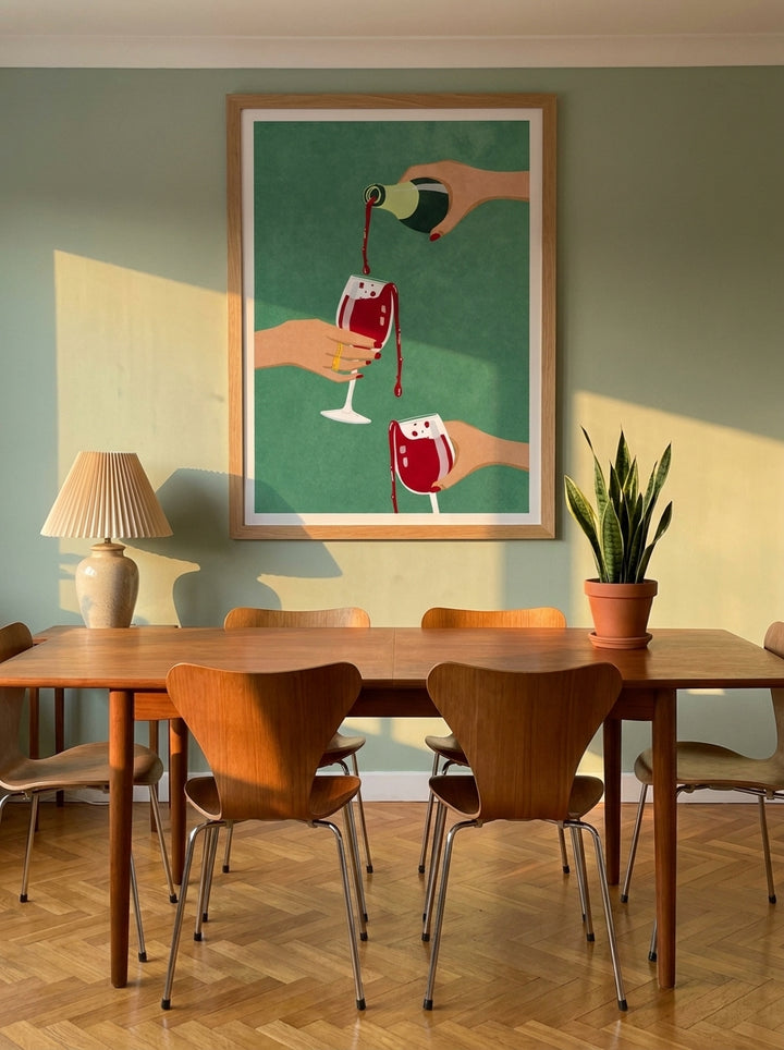 Modern wall art print styled on the wall in a mid-century dining room