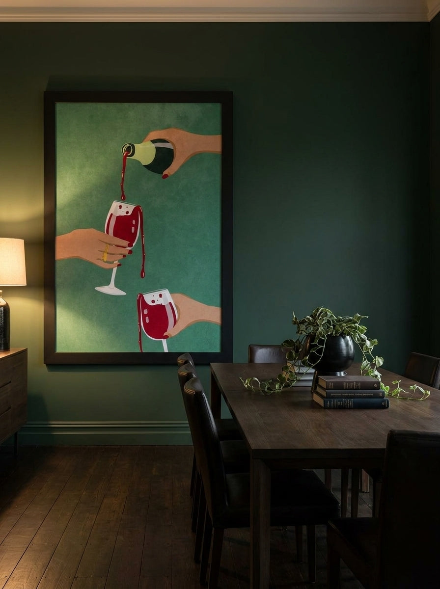 Oversized statement modern wall art print styled on the wall in a moody dining room