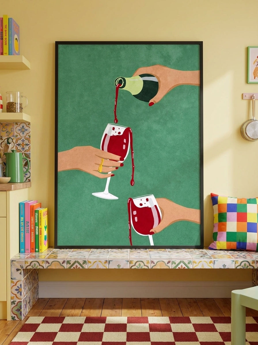 Modern wall art print standing on a kitchen bench in a colourful eclectic kitchen
