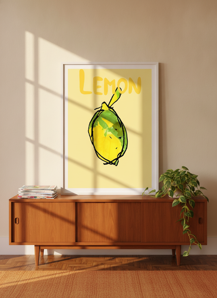 Modern wall art print standing on a sideboard in a retro 70s dining room