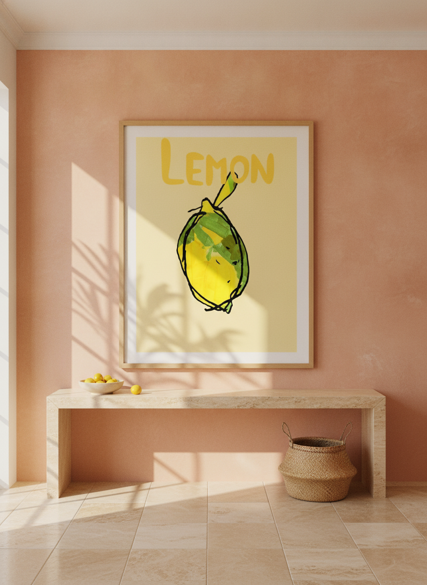 Oversized statement modern wall art print styled on the wall in a Mediterranean living room