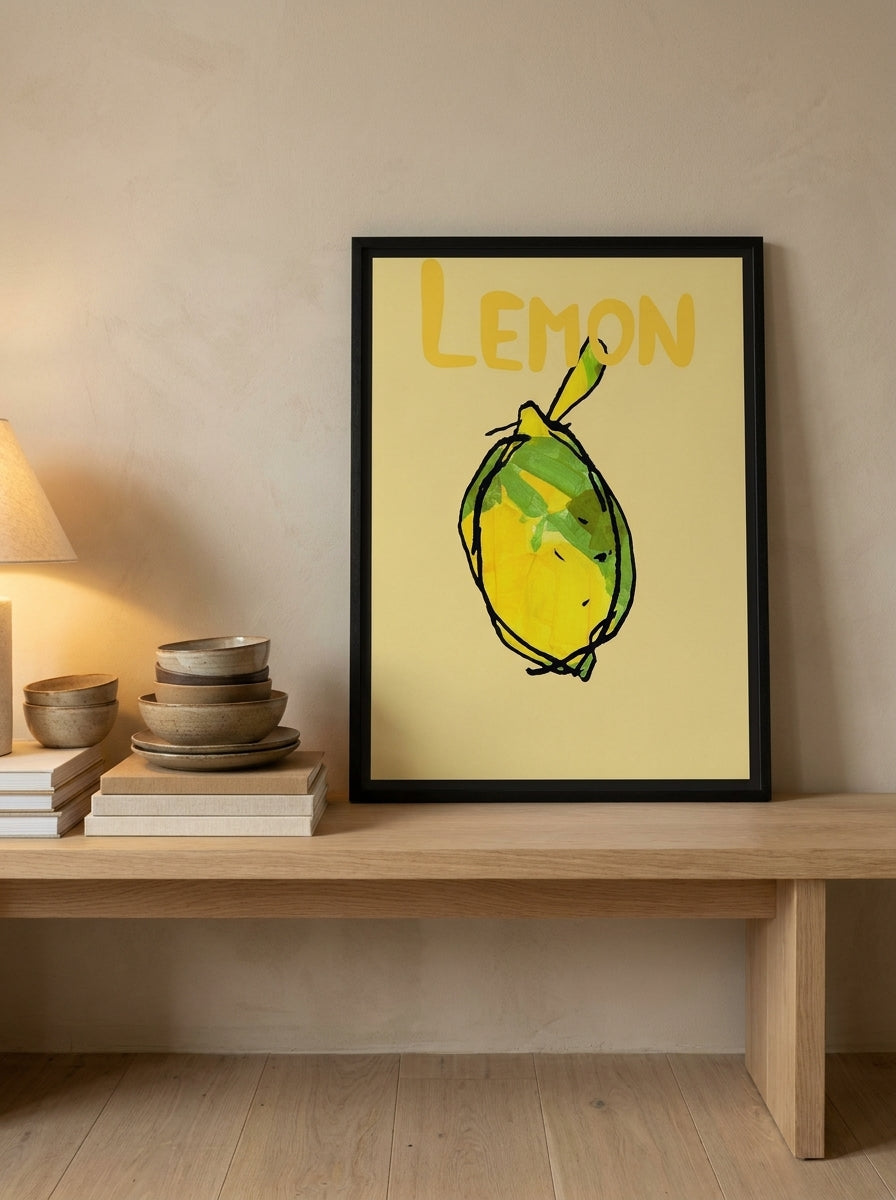 Modern wall art print standing on a kitchen bench in a warm Japandi kitchen