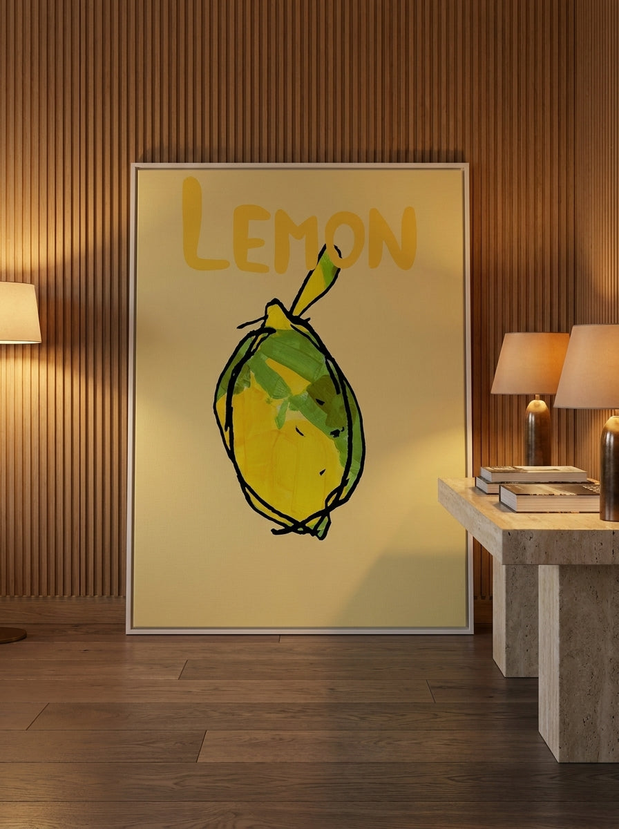 Oversized statement canvas wall art with a white surround leaning against the wall in a luxe dining room