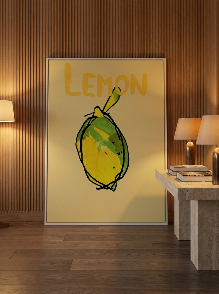 Oversized statement canvas wall art with a white surround leaning against the wall in a luxe dining room