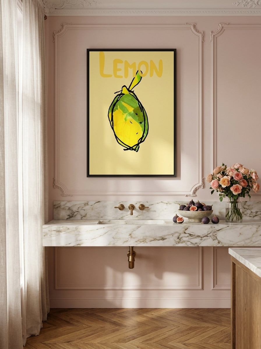 Canvas wall art with a black surround styled on the wall in a Parisian kitchen