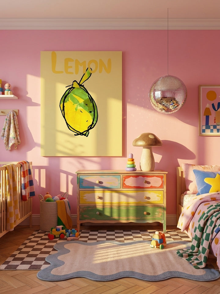 Stretched canvas wall art styled on the wall in a colourful eclectic nursery