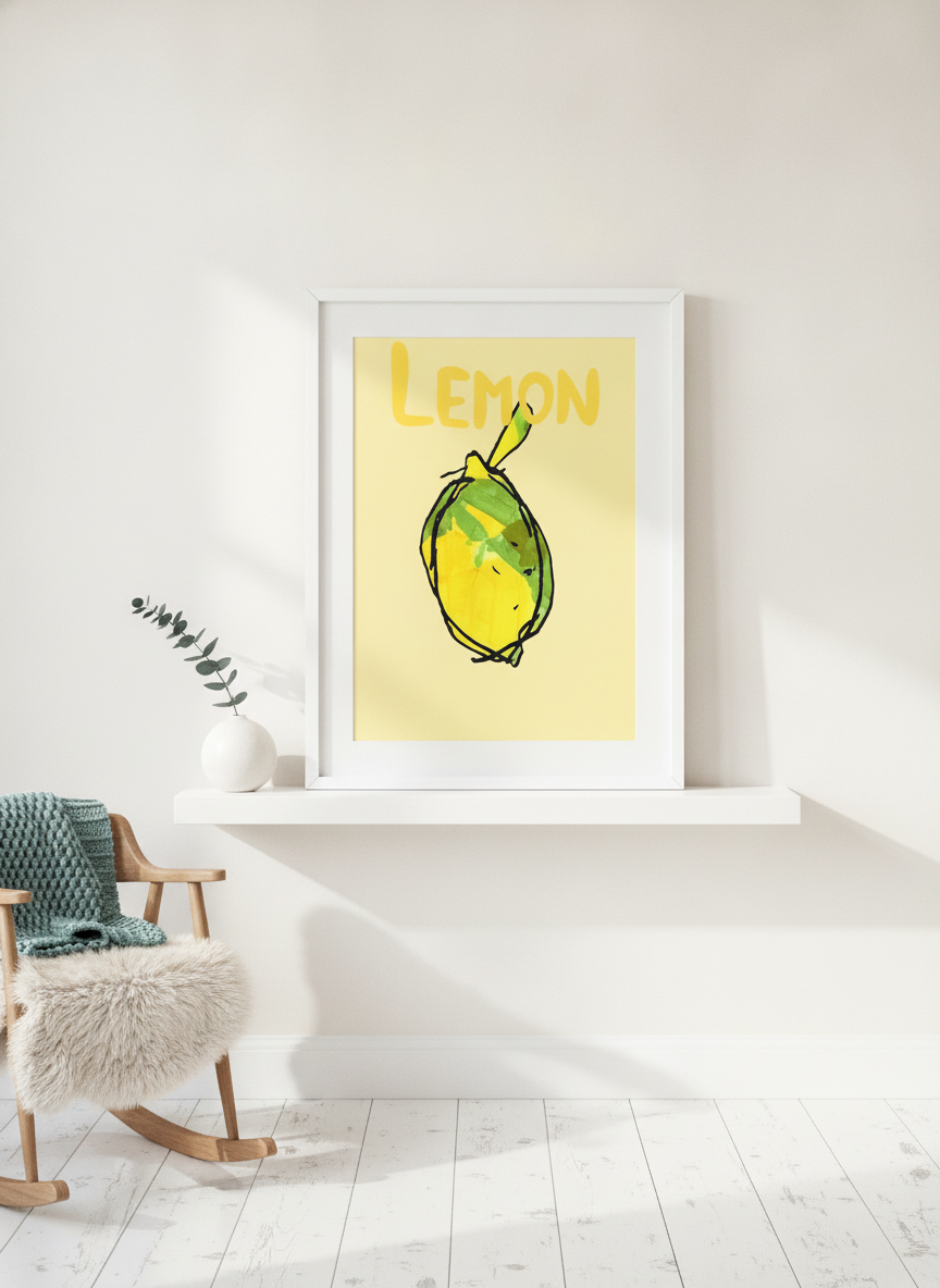 Modern wall art print standing on a shelf in a bright Scandinavian nursery
