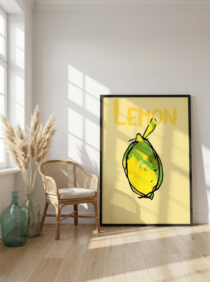 Oversized statement modern wall art print leaning against the wall in a coastal dining room