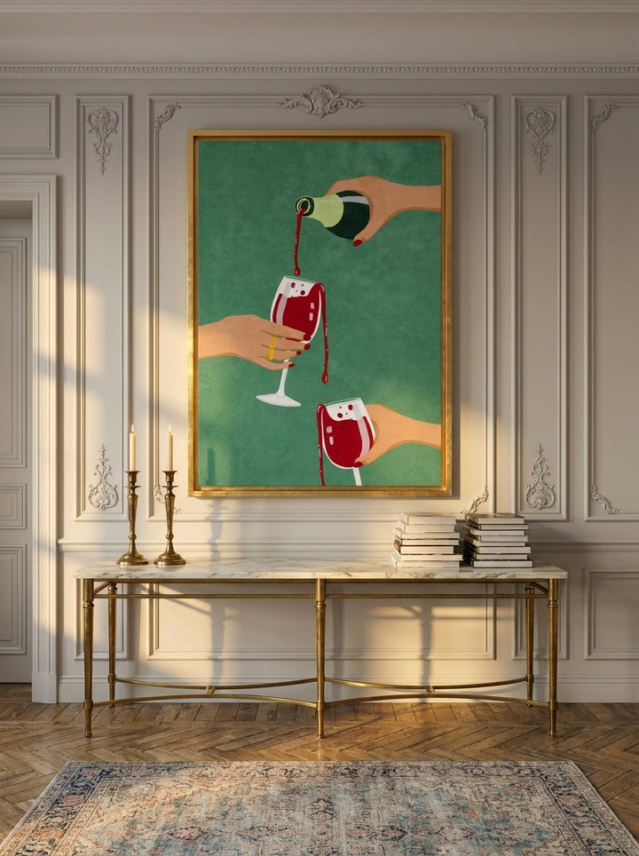 Oversized statement canvas wall art with a gold leaf surround styled on the wall in a Parisian living room