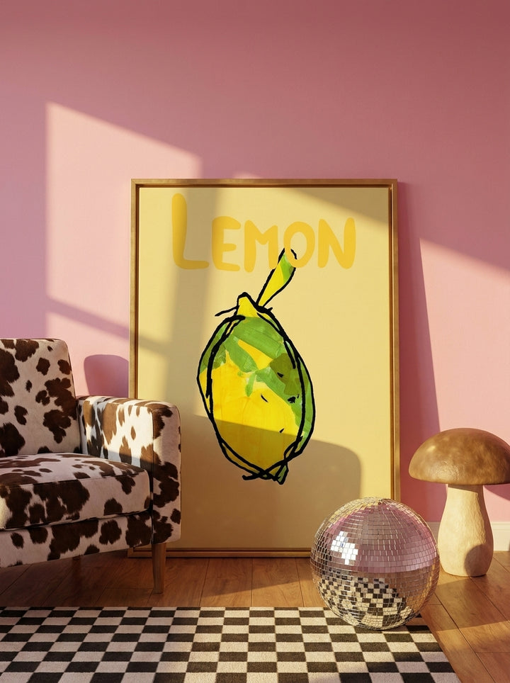Canvas wall art with a gold leaf surround leaning against the wall in a colourful eclectic nursery