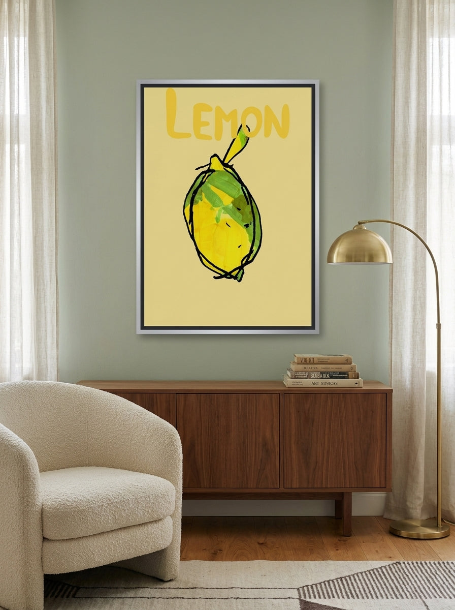 Canvas wall art with a silver leaf surround styled on the wall in a mid-century living room