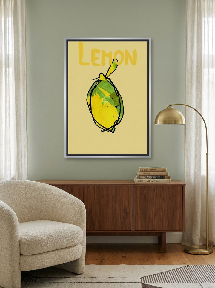 Canvas wall art with a silver leaf surround styled on the wall in a mid-century living room