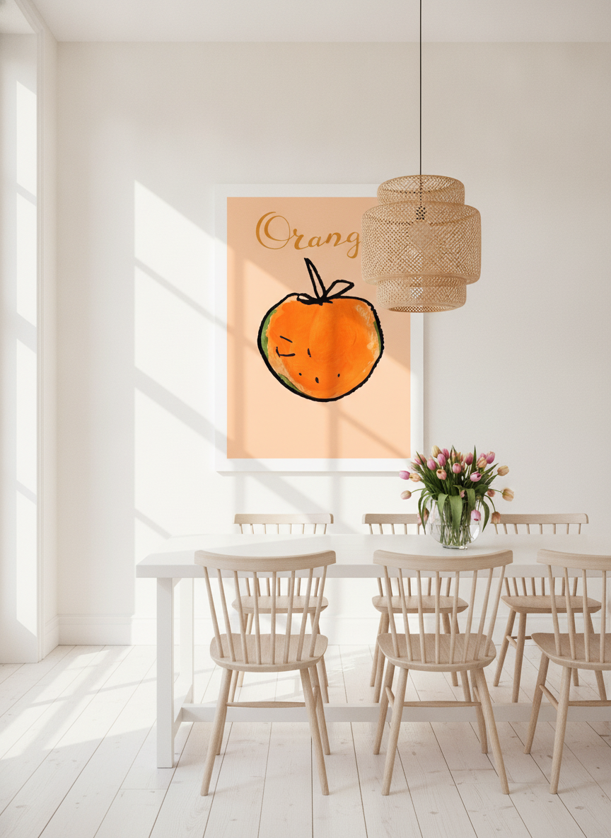 Oversized statement modern wall art print styled on the wall in a bright Scandinavian dining room