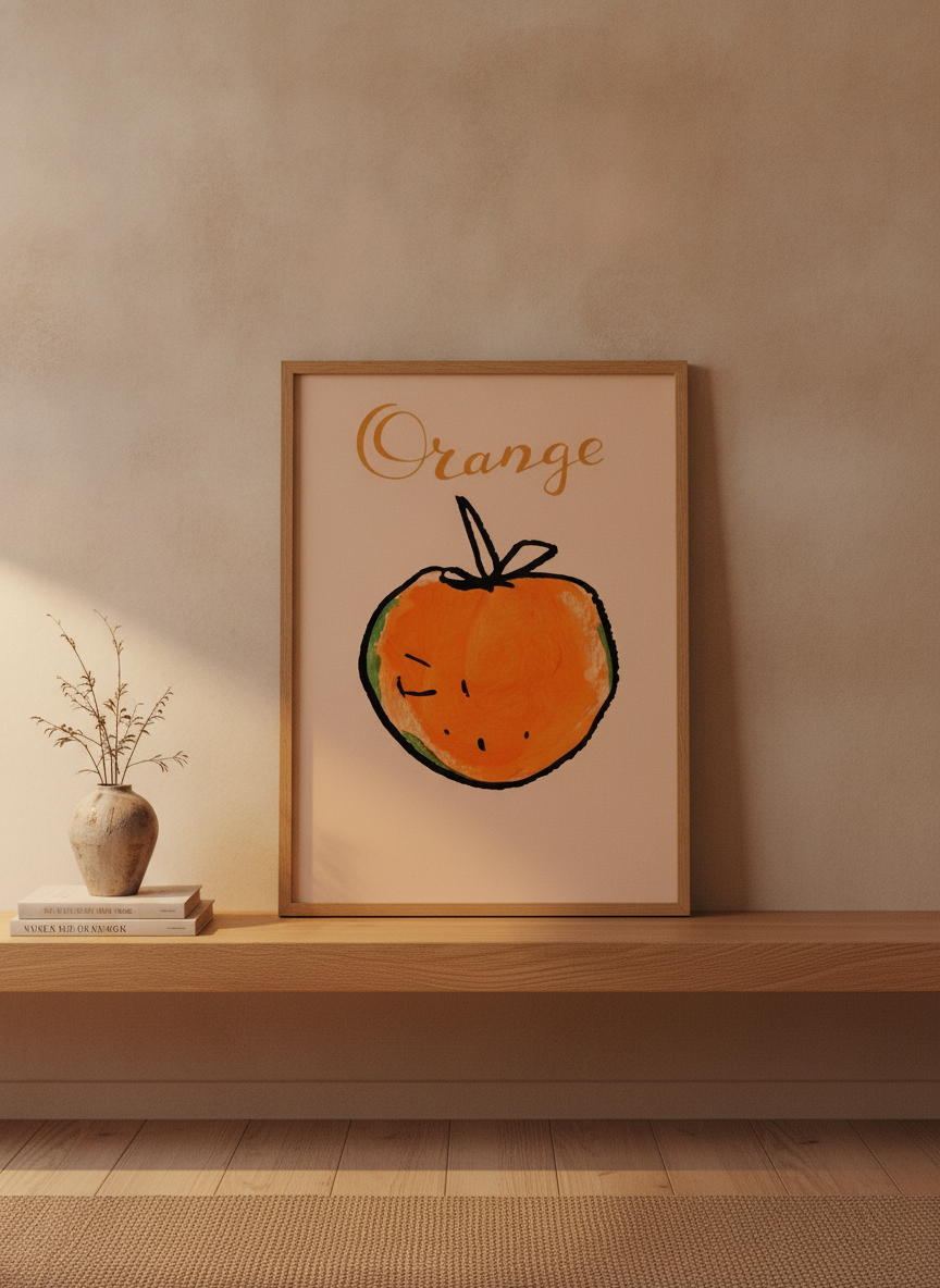 Modern wall art print standing on a shelf in a warm Japandi living room
