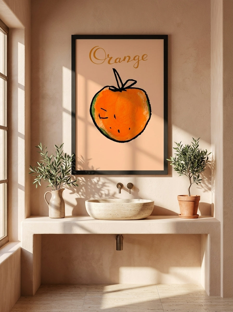 Oversized statement modern wall art print styled on the wall in a Mediterranean bathroom