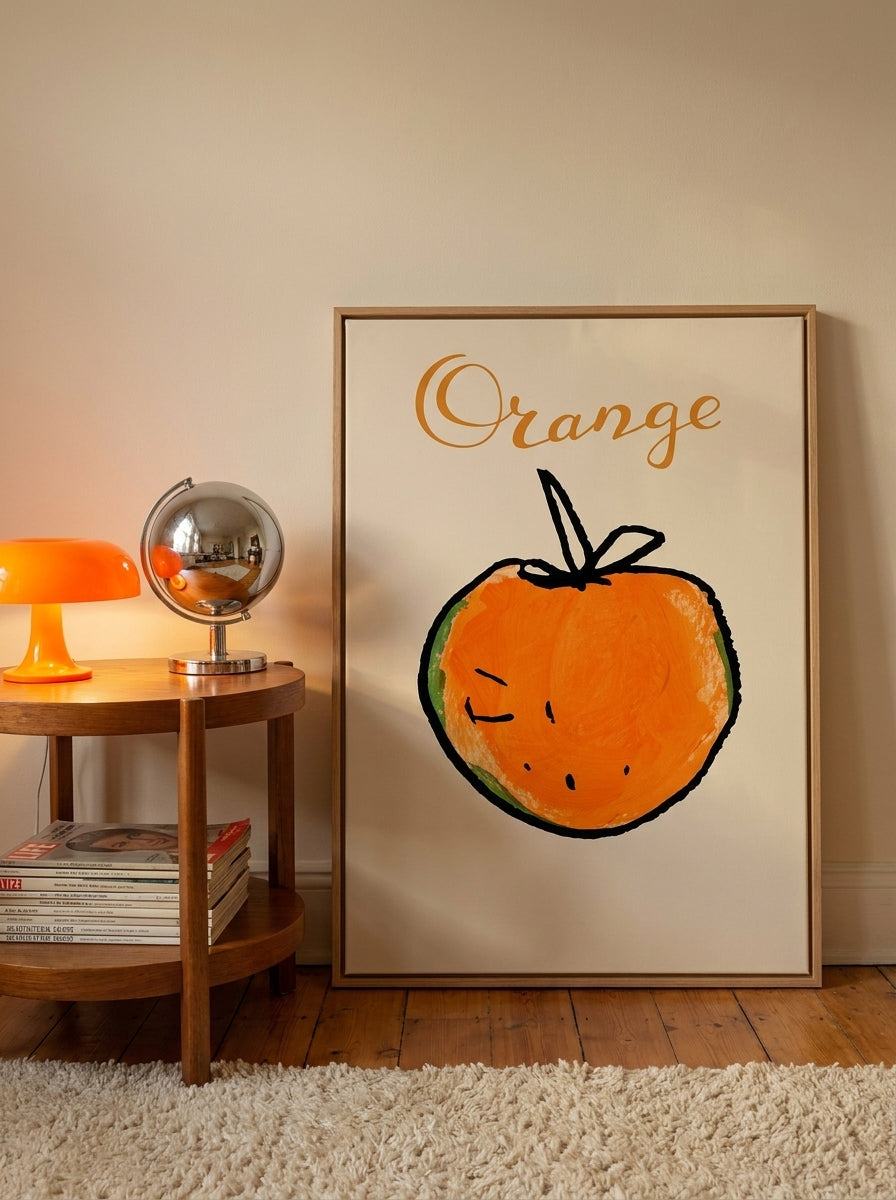 Oversized statement canvas wall art with a natural timber surround leaning against the wall in a retro 70s dining room