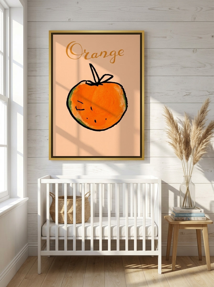 Canvas wall art with a gold leaf surround styled on the wall in a coastal nursery