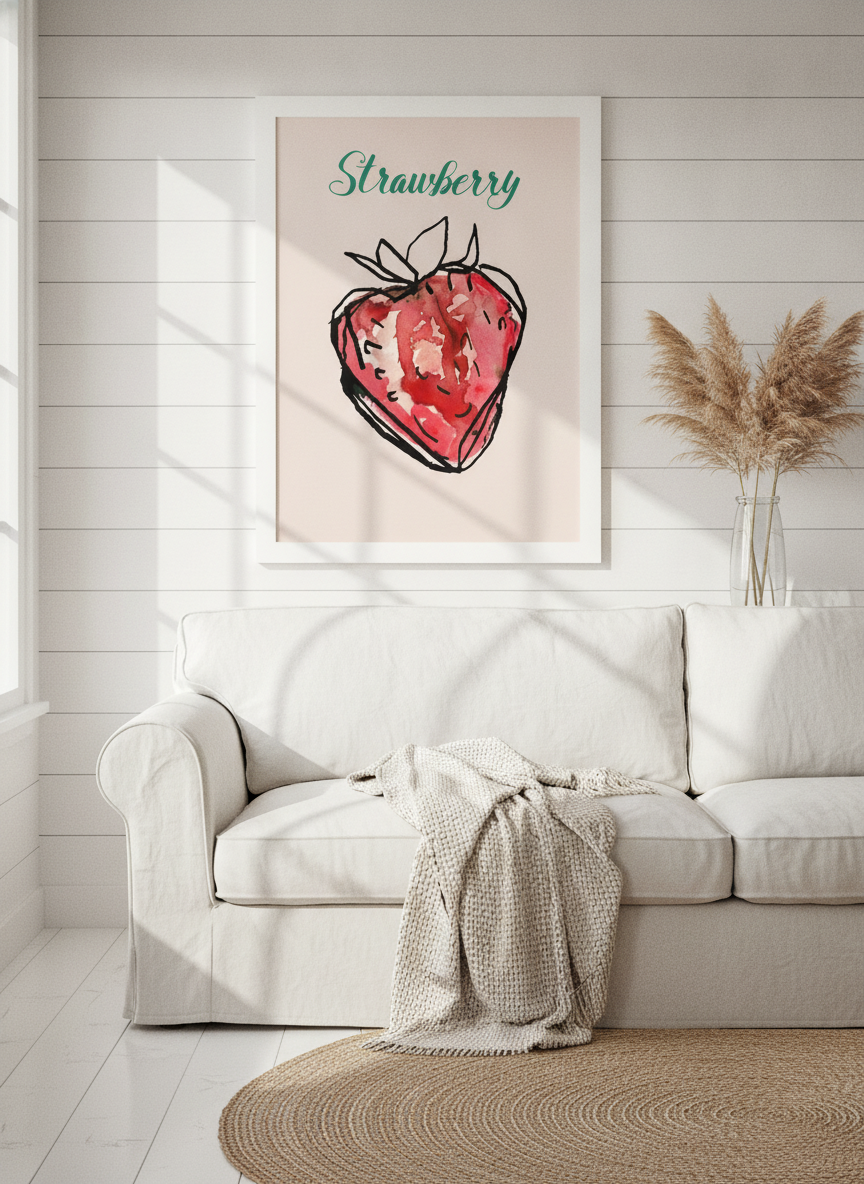 Modern wall art print styled on the wall in a coastal living room