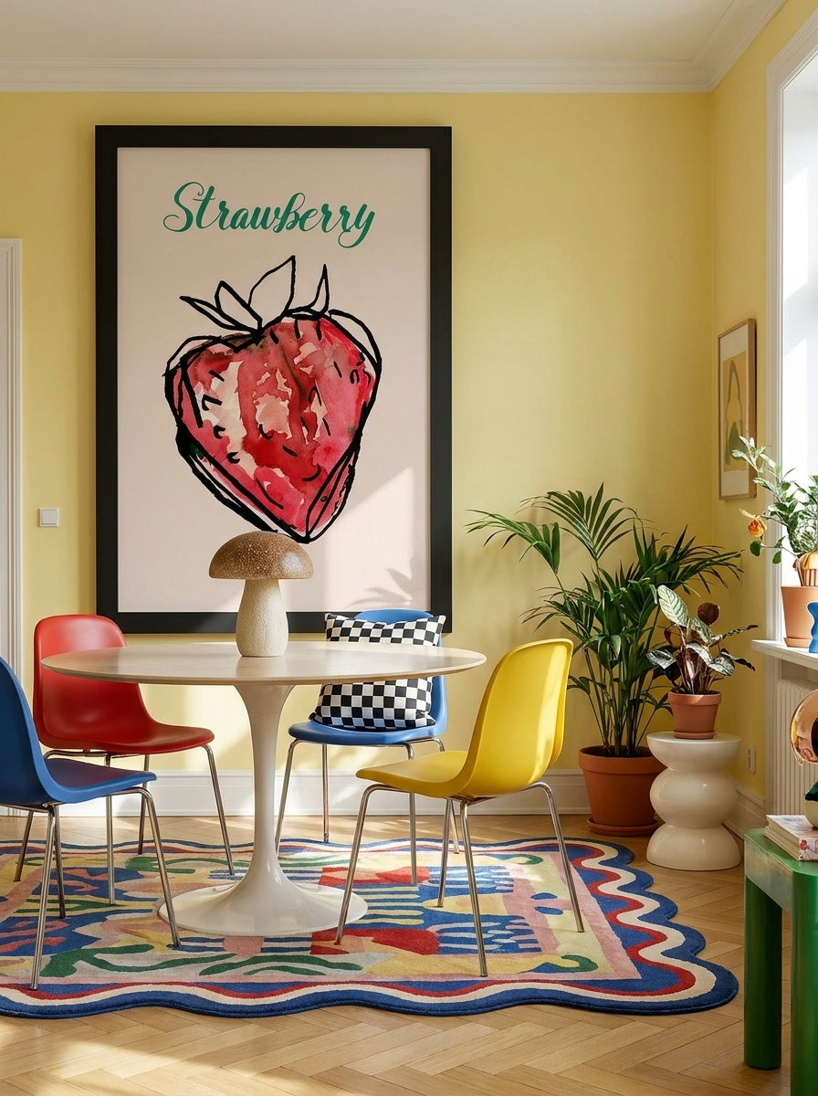 Oversized statement modern wall art print styled on the wall in a colourful eclectic dining room