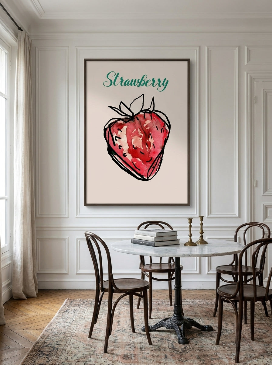 Oversized statement canvas wall art with a white surround styled on the wall in a Parisian dining room