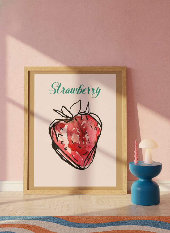 Oversized statement modern wall art print leaning against the wall in a colourful eclectic living room