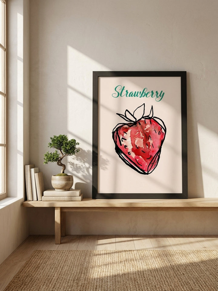 Modern wall art print standing on a kitchen bench in a warm Japandi kitchen