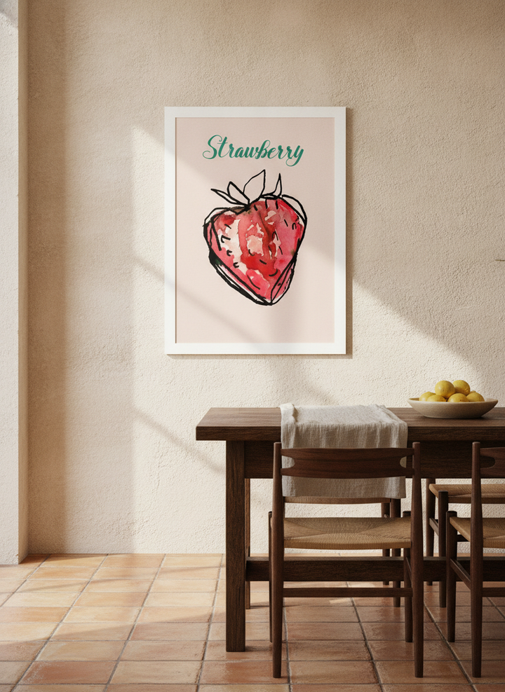 Modern wall art print styled on the wall in a Mediterranean dining room