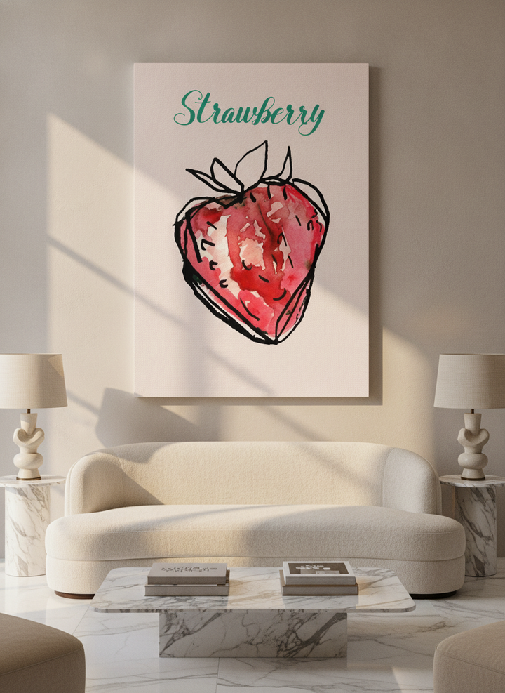 Stretched canvas wall art styled on the wall in a luxe living room