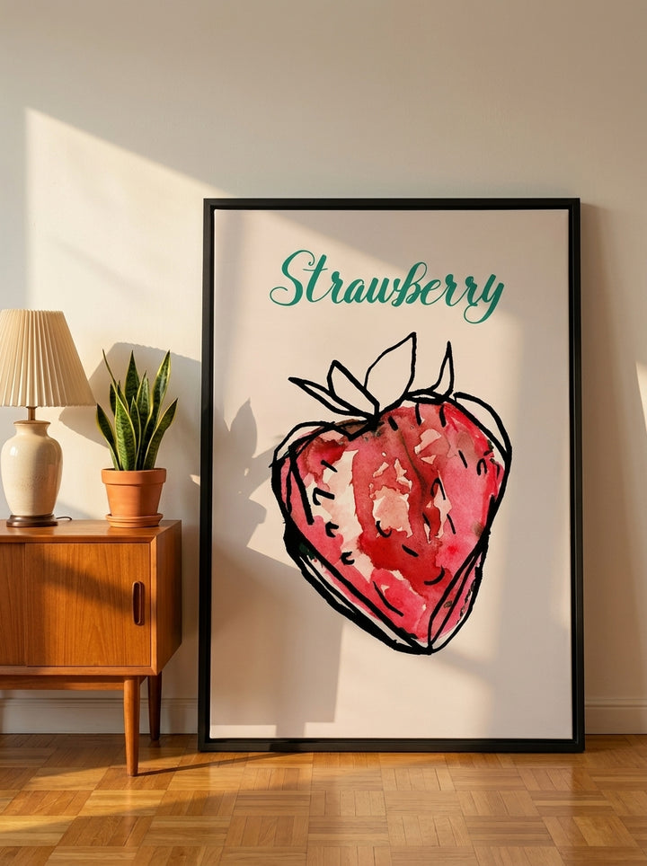 Canvas wall art with a black surround leaning against the wall in a mid-century kitchen