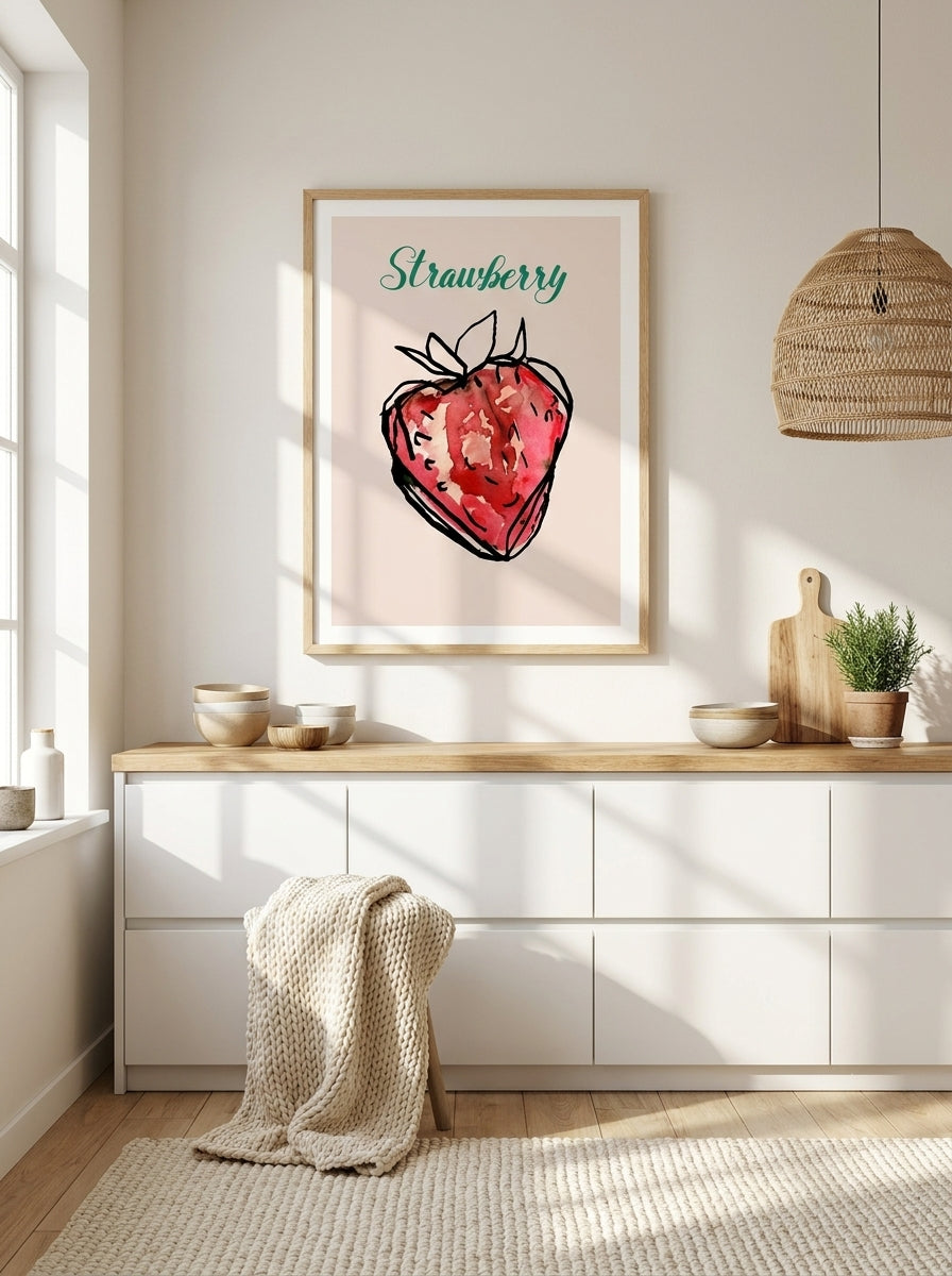 Modern wall art print styled on the wall in a bright Scandinavian kitchen