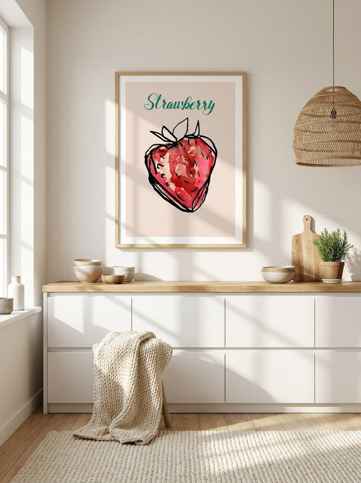 Modern wall art print styled on the wall in a bright Scandinavian kitchen