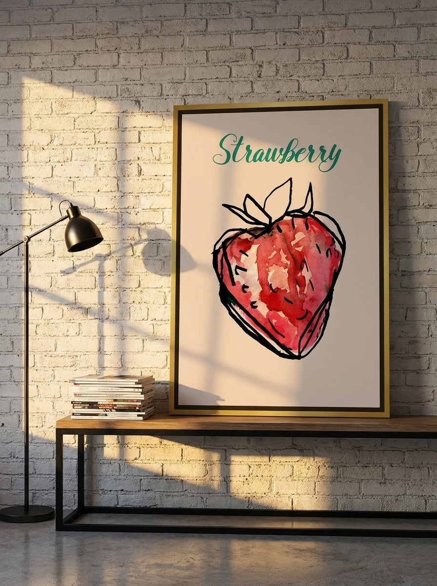 Canvas wall art with a gold leaf surround standing on a console in an industrial loft living room