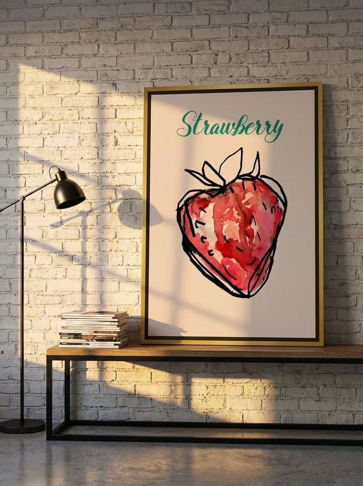 Canvas wall art with a gold leaf surround standing on a console in an industrial loft living room