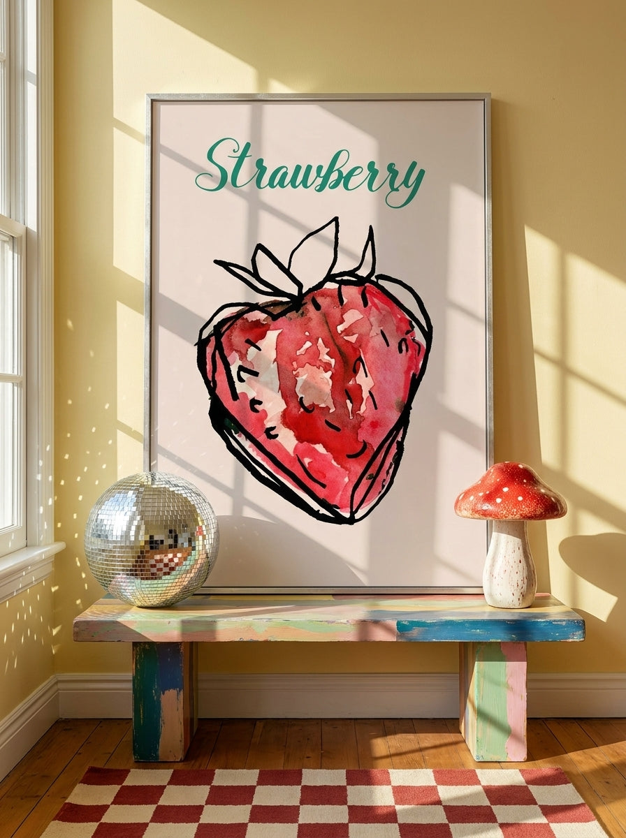 Canvas wall art with a silver leaf surround standing on a side table in a colourful eclectic dining room