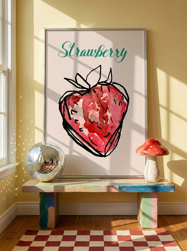 Canvas wall art with a silver leaf surround standing on a side table in a colourful eclectic dining room