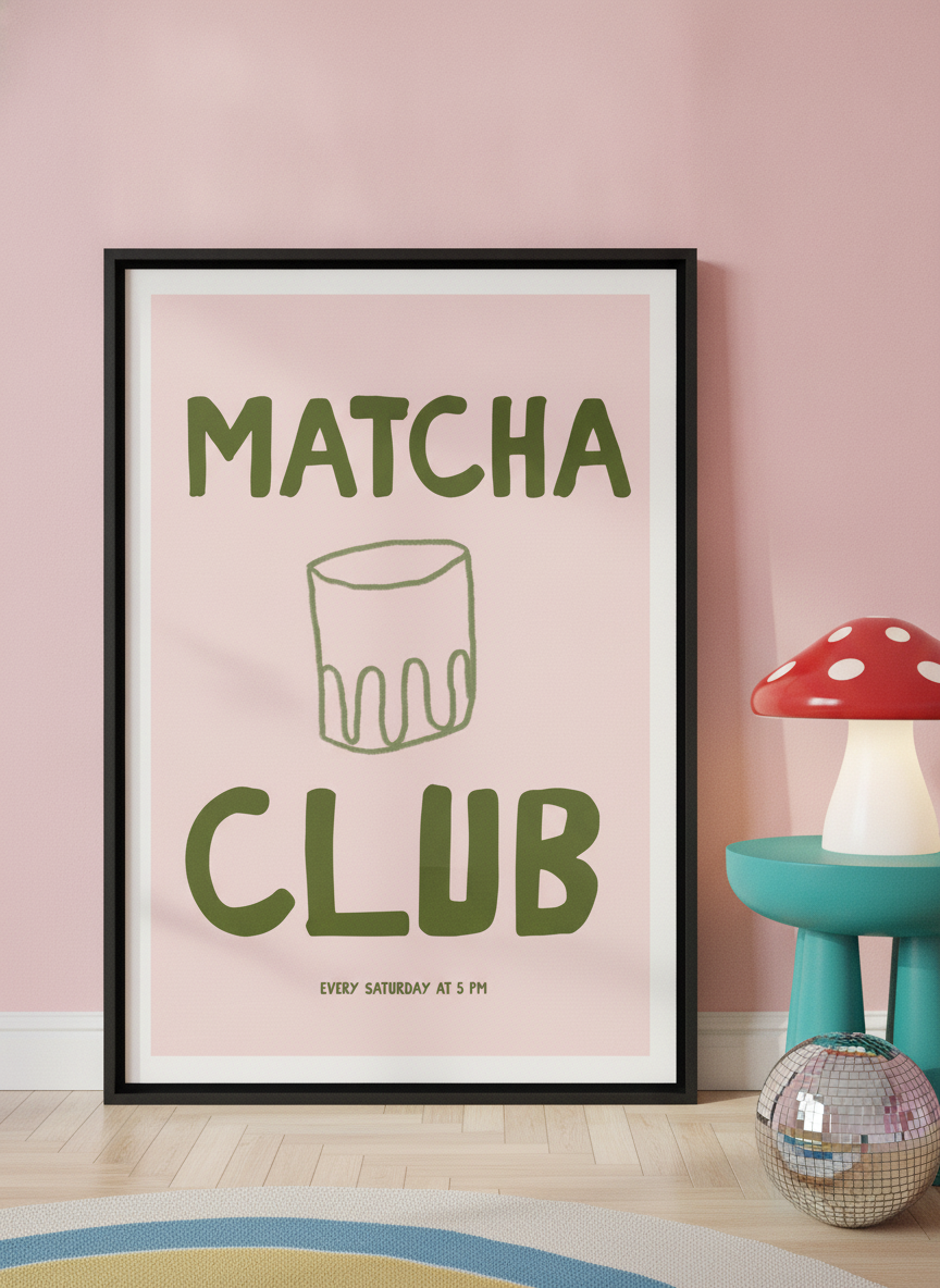 Canvas wall art with a black surround leaning against the wall in a colourful eclectic bedroom