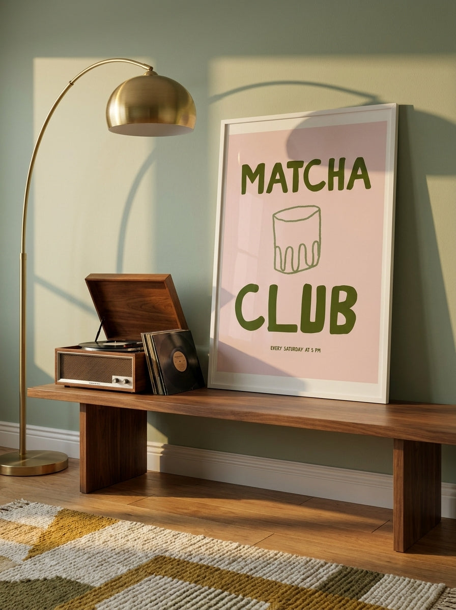 Modern wall art print standing on a kitchen bench in a mid-century kitchen
