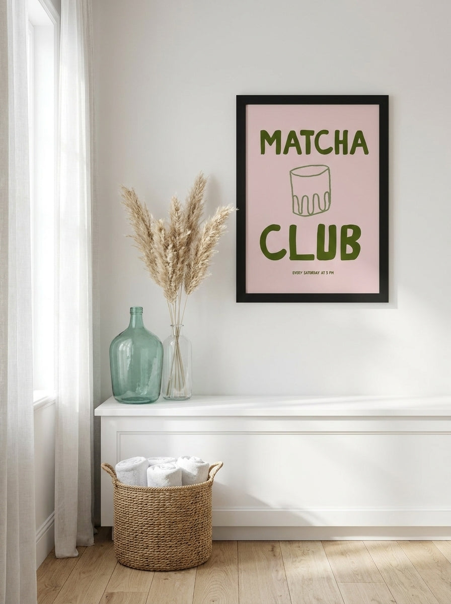 Modern wall art print styled on the wall in a coastal bathroom