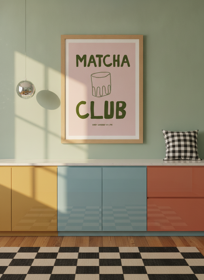 Modern wall art print styled on the wall in a colourful eclectic kitchen