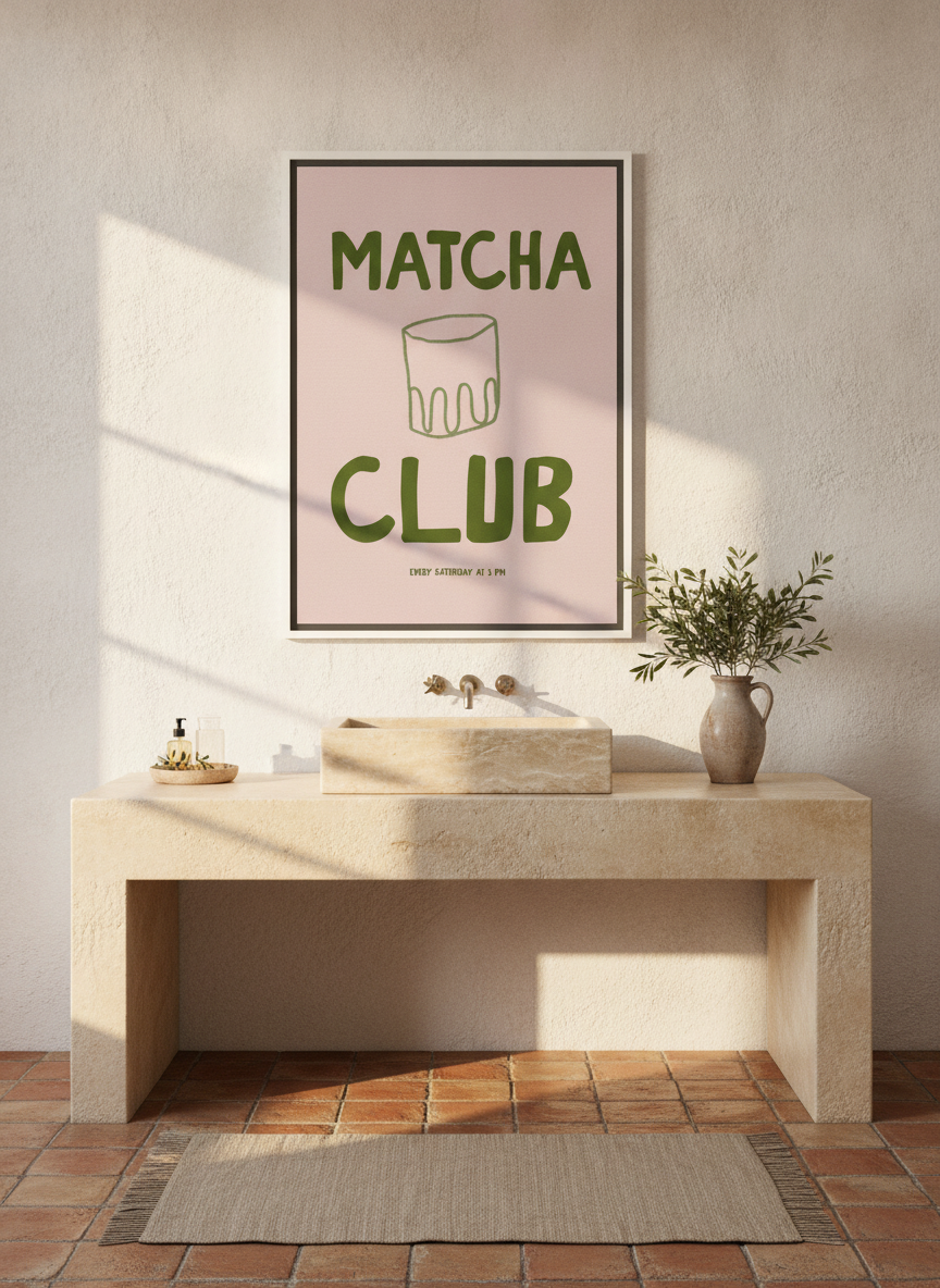 Canvas wall art with a white surround styled on the wall in a Mediterranean bathroom