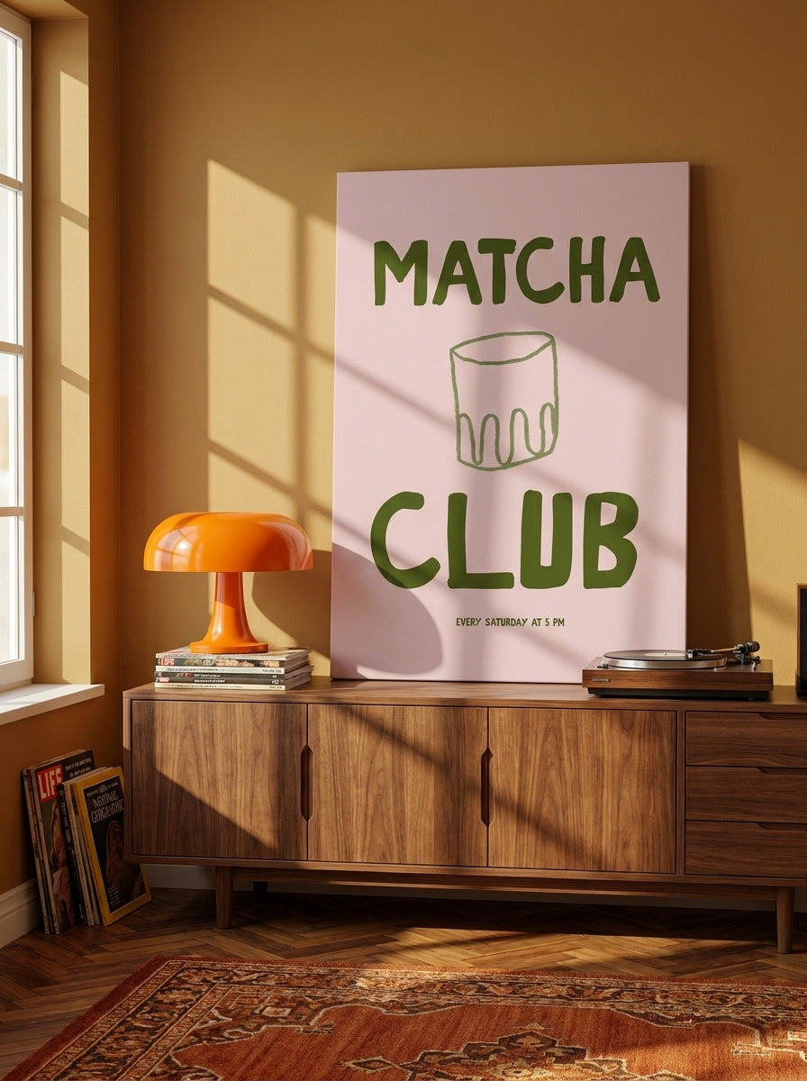 Stretched canvas wall art standing on a sideboard in a retro 70s dining room