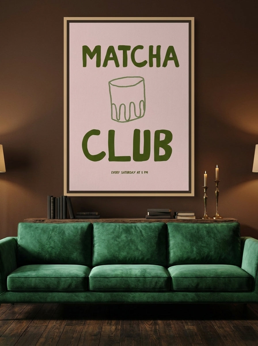 Oversized statement canvas wall art with a natural timber surround styled on the wall in a moody living room