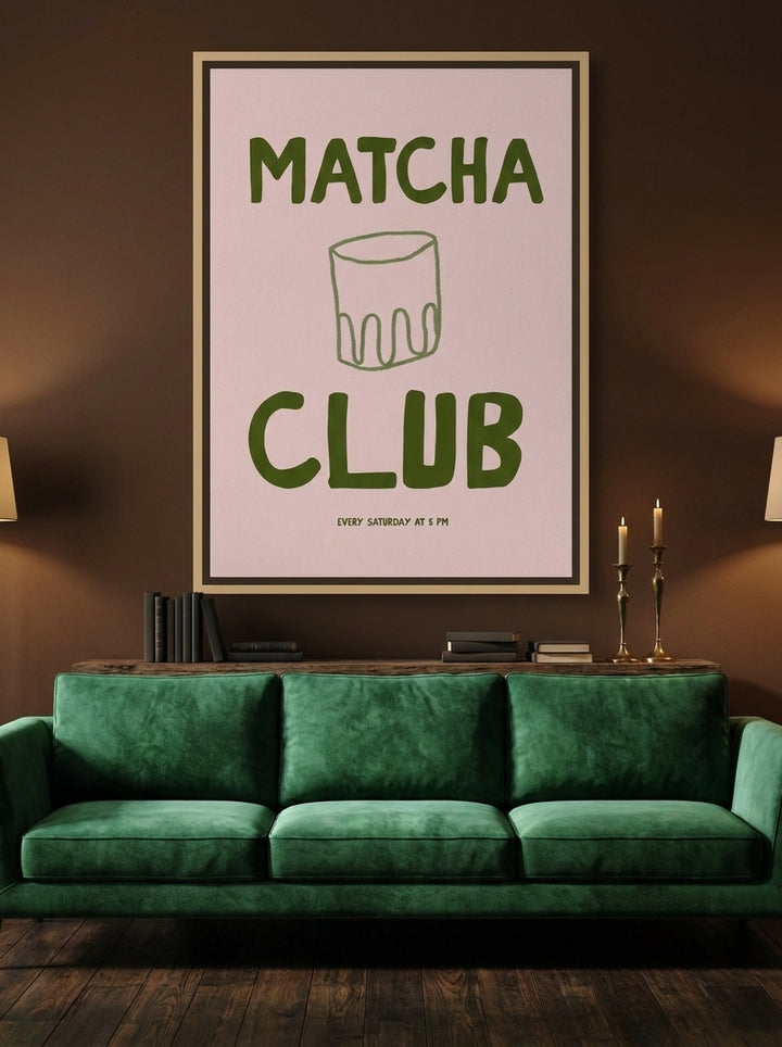 Oversized statement canvas wall art with a natural timber surround styled on the wall in a moody living room