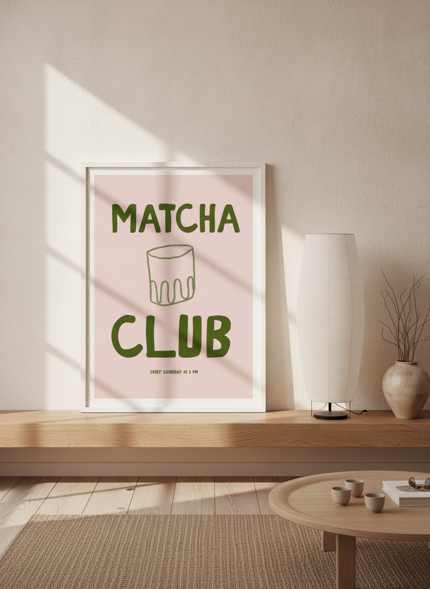 Modern wall art print standing on a shelf in a warm Japandi living room