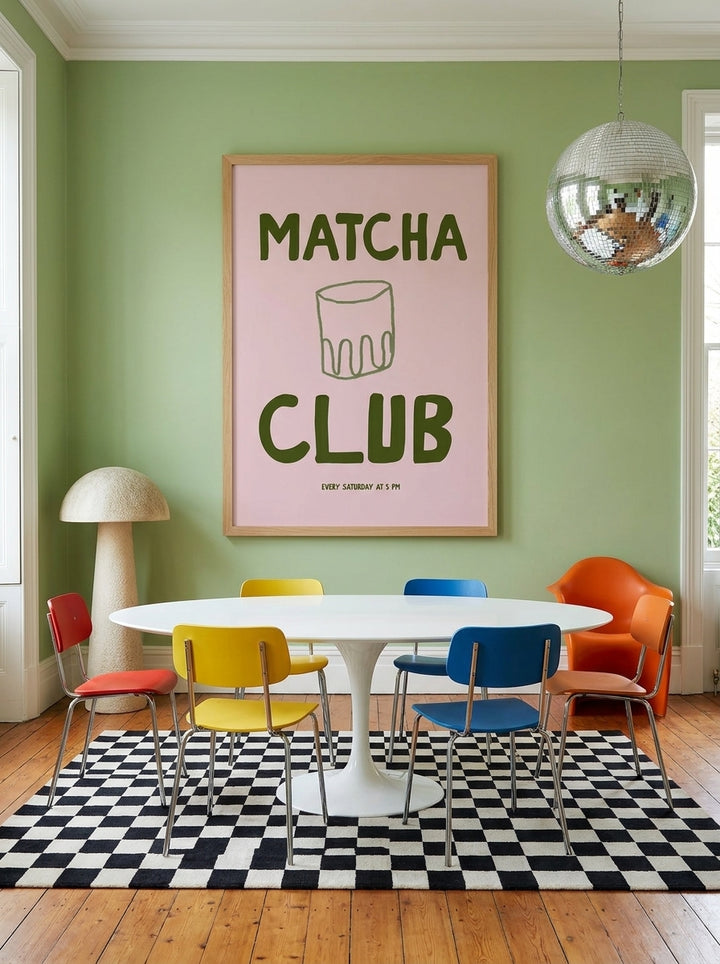 Oversized statement modern wall art print styled on the wall in a colourful eclectic dining room