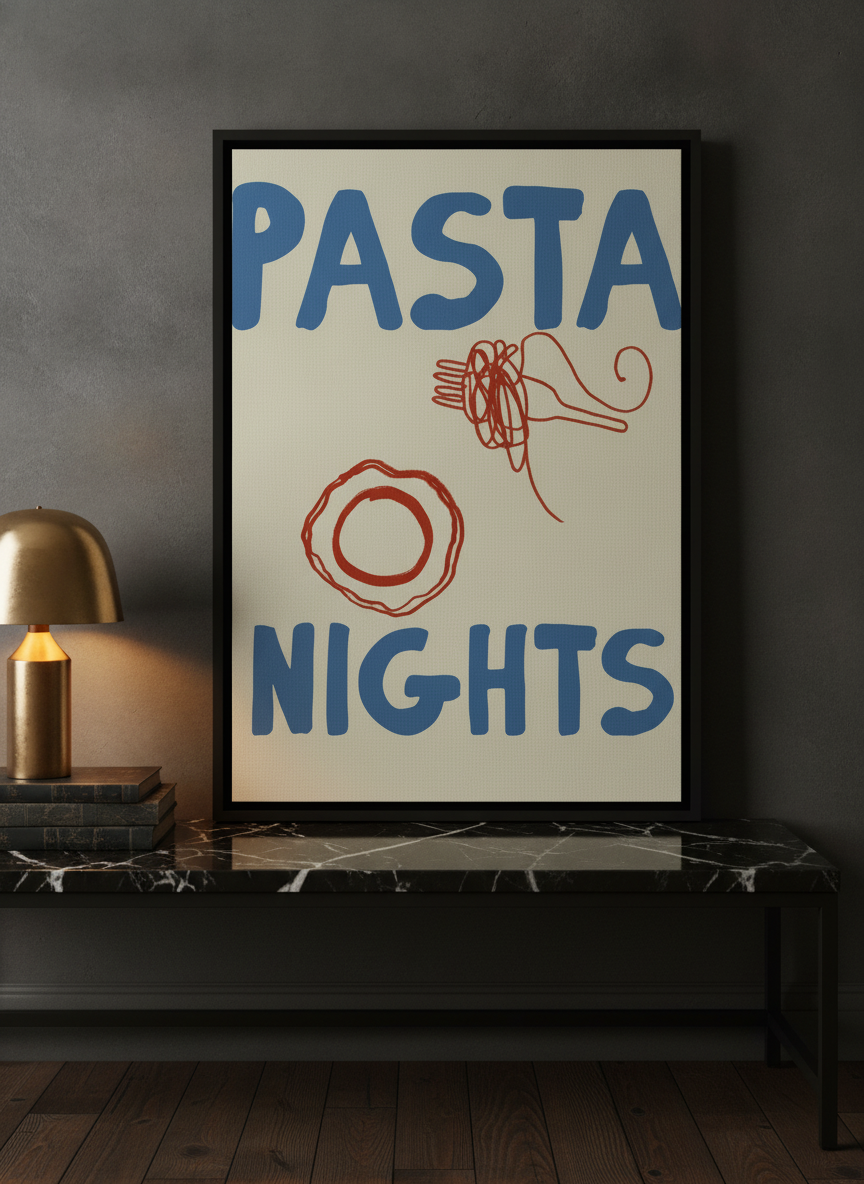 Canvas wall art with a black surround standing on a kitchen bench in a moody kitchen