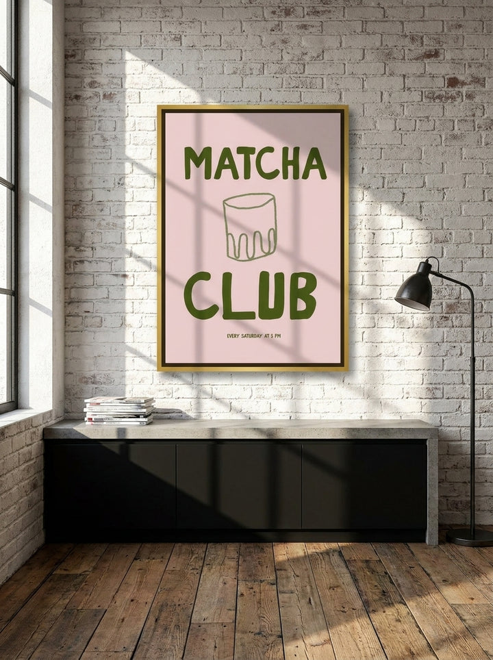 Canvas wall art with a gold leaf surround styled on the wall in an industrial loft kitchen