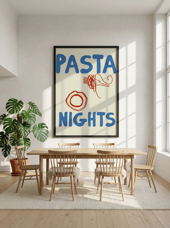 Oversized statement modern wall art print styled on the wall in a bright Scandinavian dining room