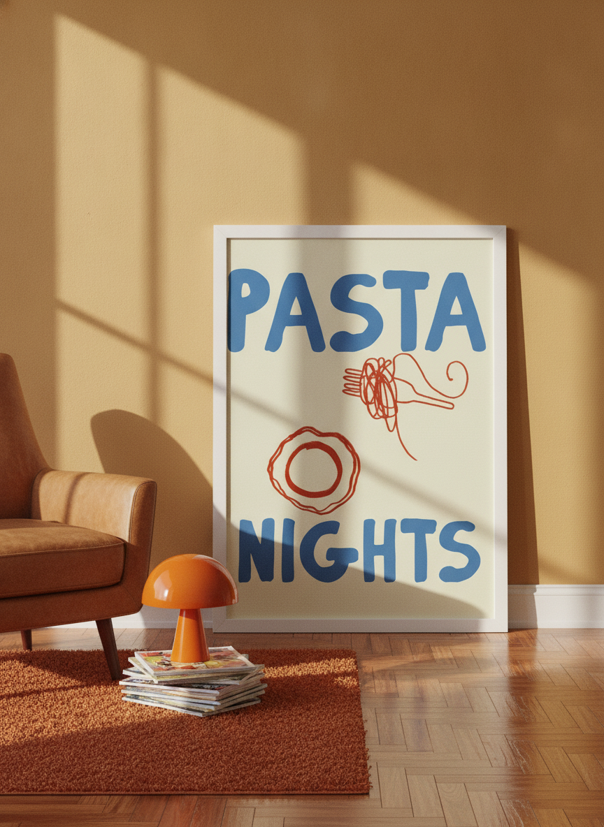 Modern wall art print leaning against the wall in a retro 70s dining room